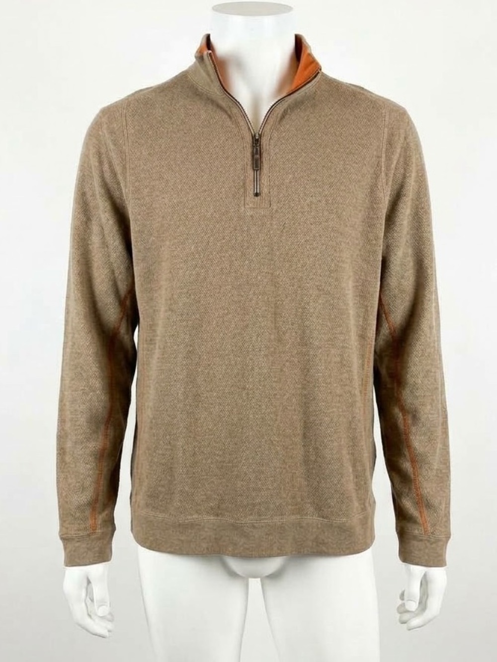 Tommy Bahama Men's Tan Half-Zip Sweater with Orange Details Size XL